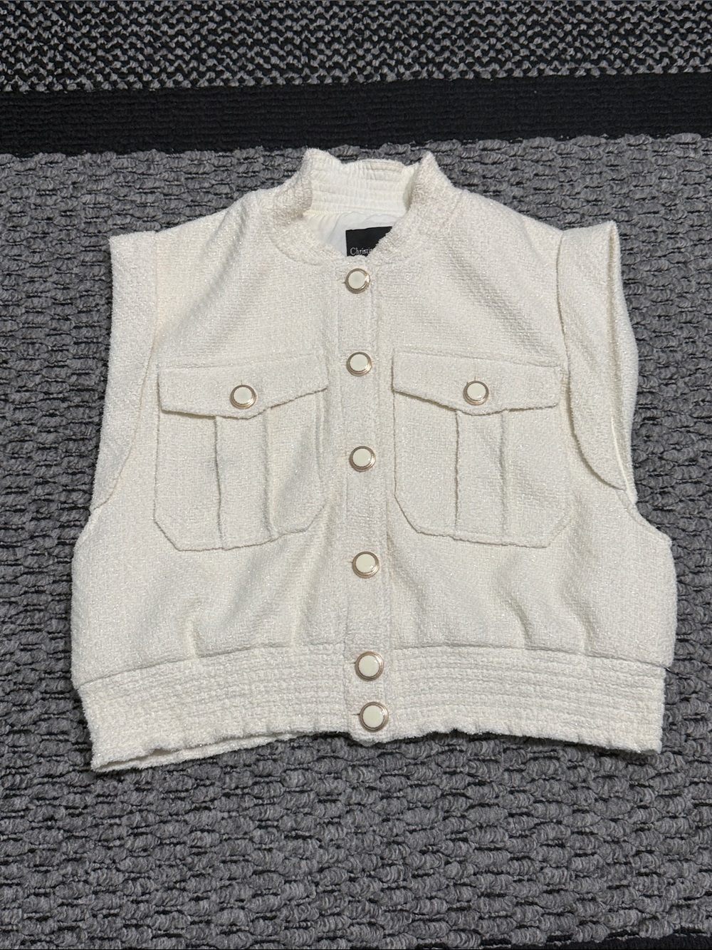 Christian Lacroix Bouclé Tweed Shimmer Vest Women’s M Gold Button Sleeveless